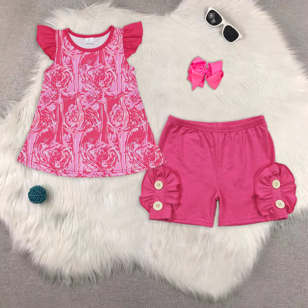 flamingo flutter sleeve hot pink shorts girls set GT0565+SS0186