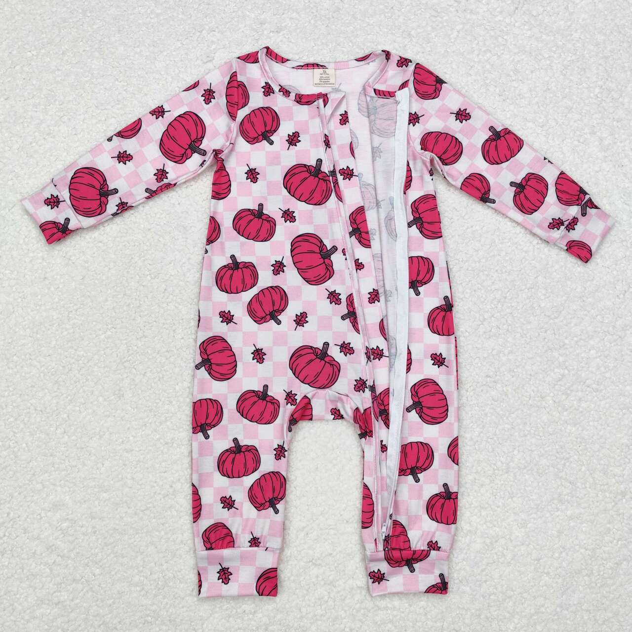 bamboo LR1456 hot pink pumpkin checkered long sleeve zipper girls romper