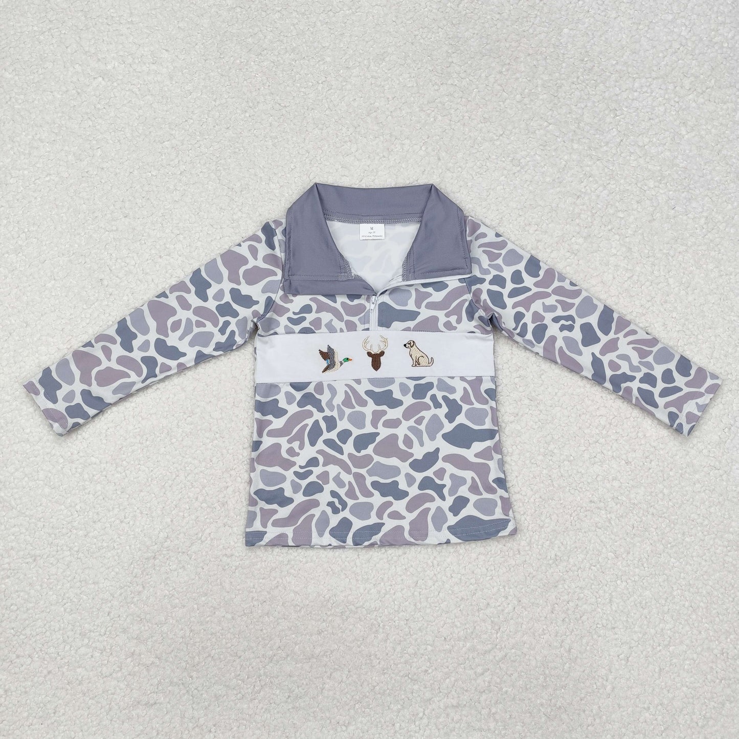 embroidery BT0904 hunting mallard dog deer grey camo zipper long sleeve boys pullover