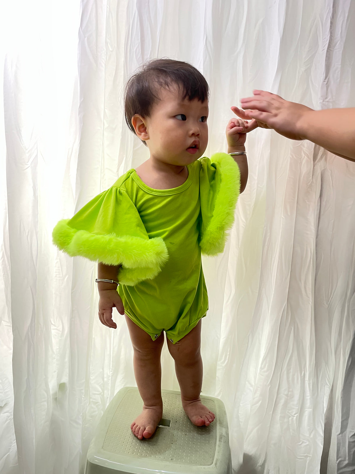 SR0413 Green Faux Fur Sleeve Girls Romper