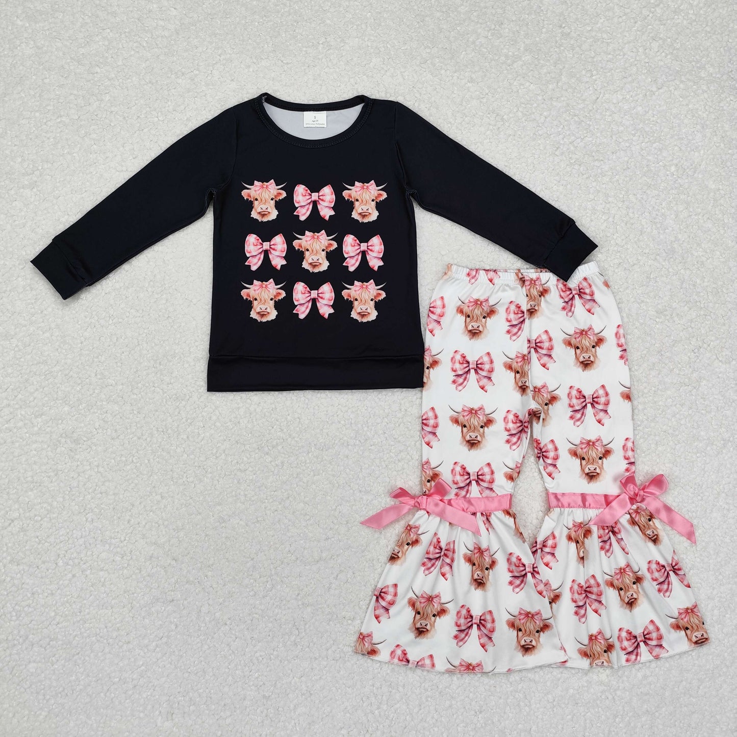 GLP1893 pink bows highland cow black long sleeve pink pants girls set