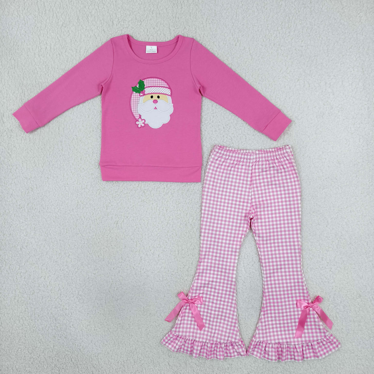 Embroidery GLP3561 Christmas Santa Hot Pink Long Sleeve Pants Girls Set
