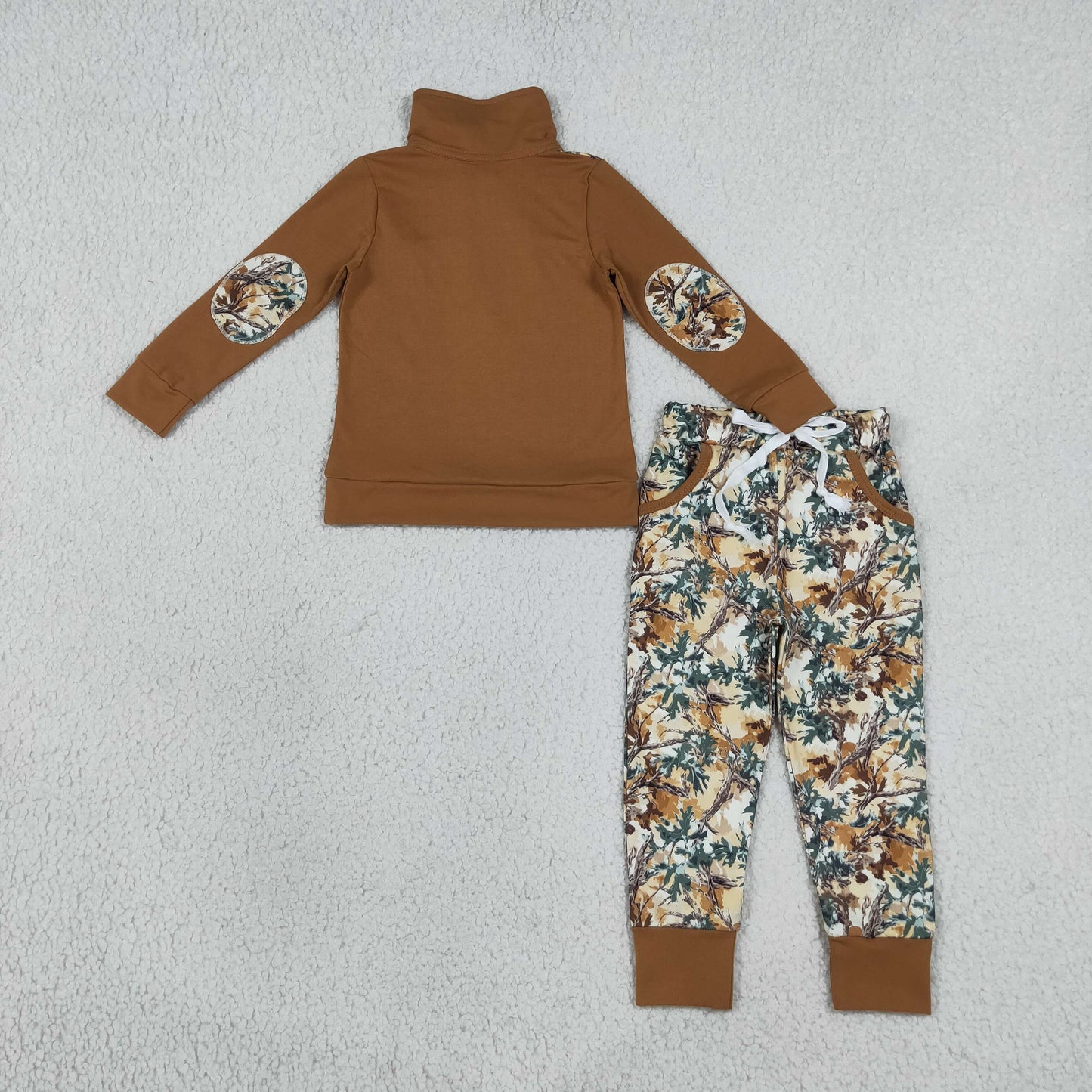 BLP1447 Hunting Camo Brown Zipper Long Sleeve Pants Boys Set