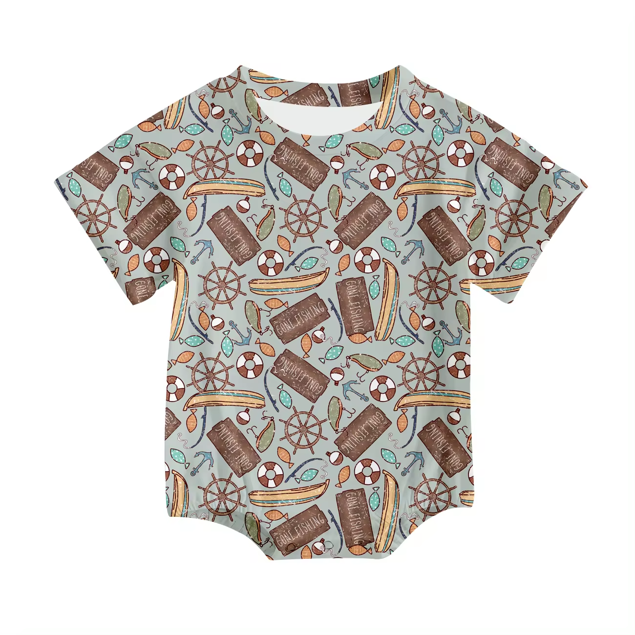 Custom fishing boar short sleeve baby romper