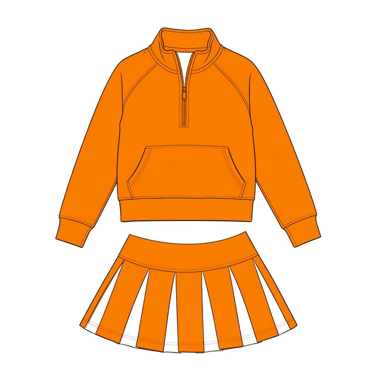 Custom Moq 3 Orange Zipper Long Sleeve Skorts Girls Set