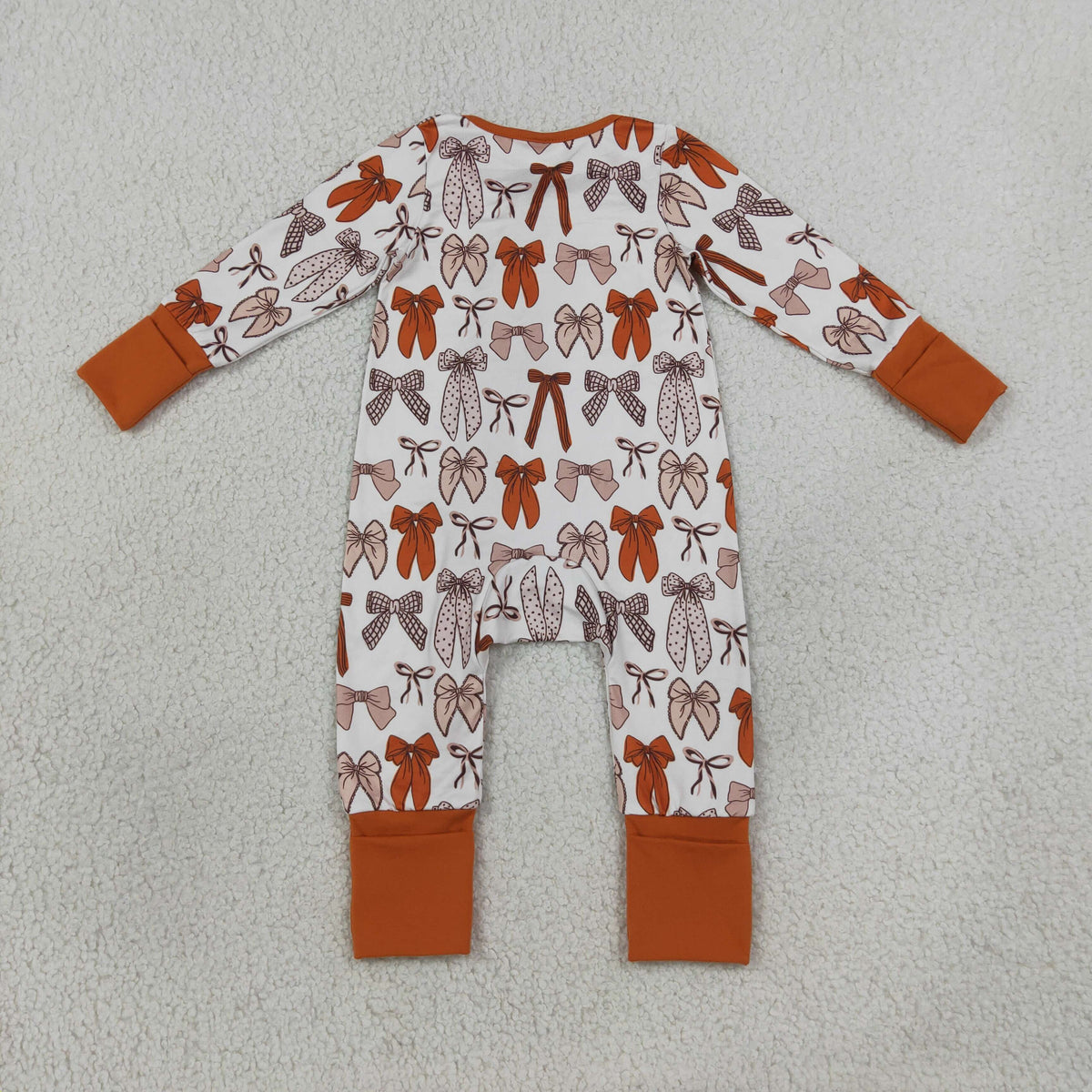 LR3158 Brown Bows Zipper Long Sleeve Girls Romper