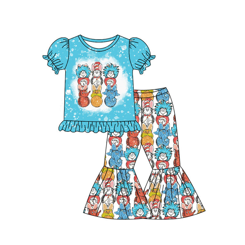 MOQ 3 Custom Cartoon Dr Animals Blue Short Sleeve Pants Girls Set
