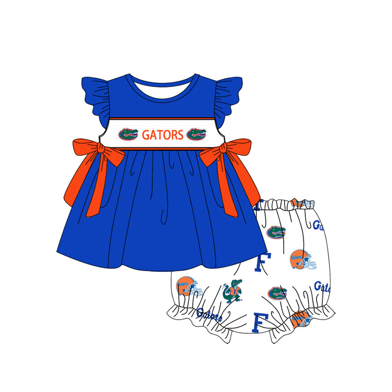 Custom Moq 3 Football Team Gators Blue Flutter Sleeve Bows Girls Bummies Set