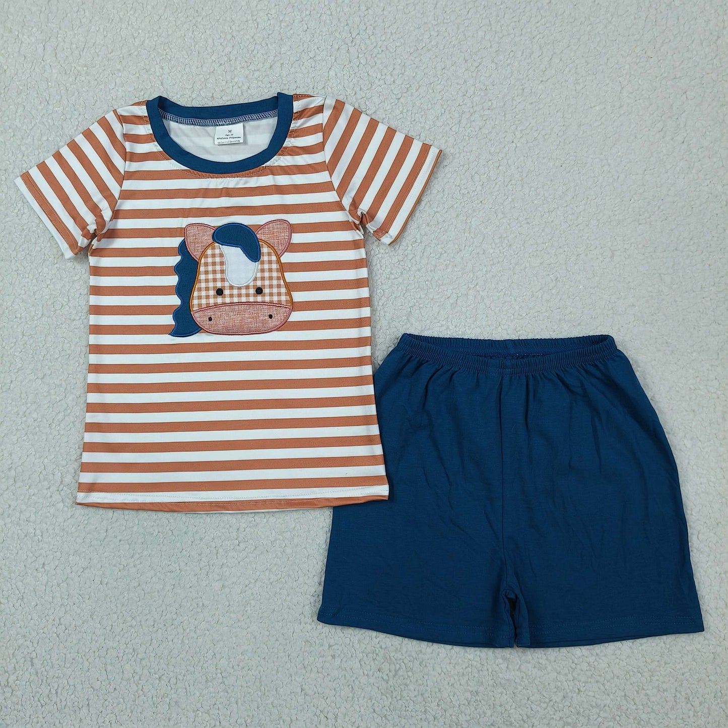 Embroidery BSSO0380 Horse brown striped short sleeve navy shorts boys set