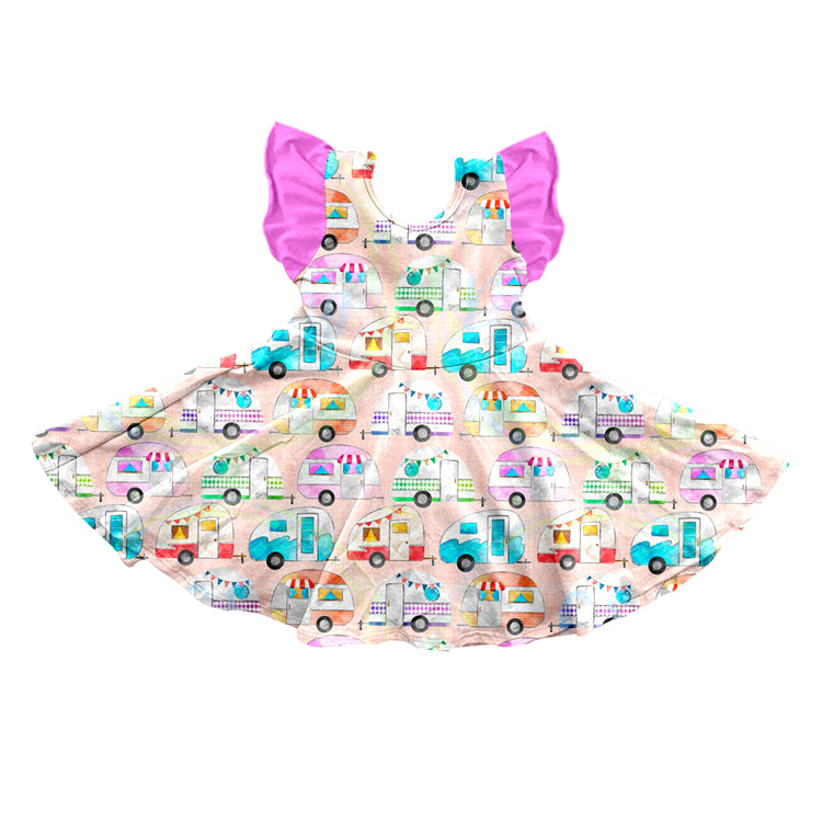 preorder GSD0670 Happy Camper Bus Hot Pink Flutter Sleeve Girls Dress