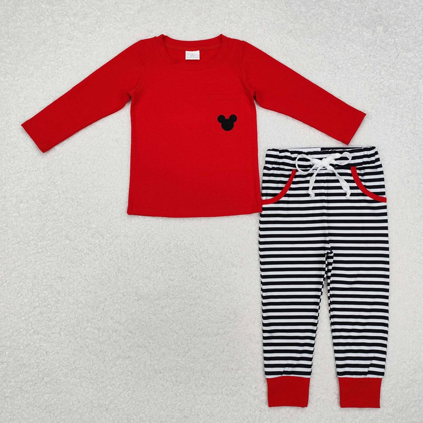 embroidery BLP0796 cartoon M red pocket long sleeve black striped pants boys set