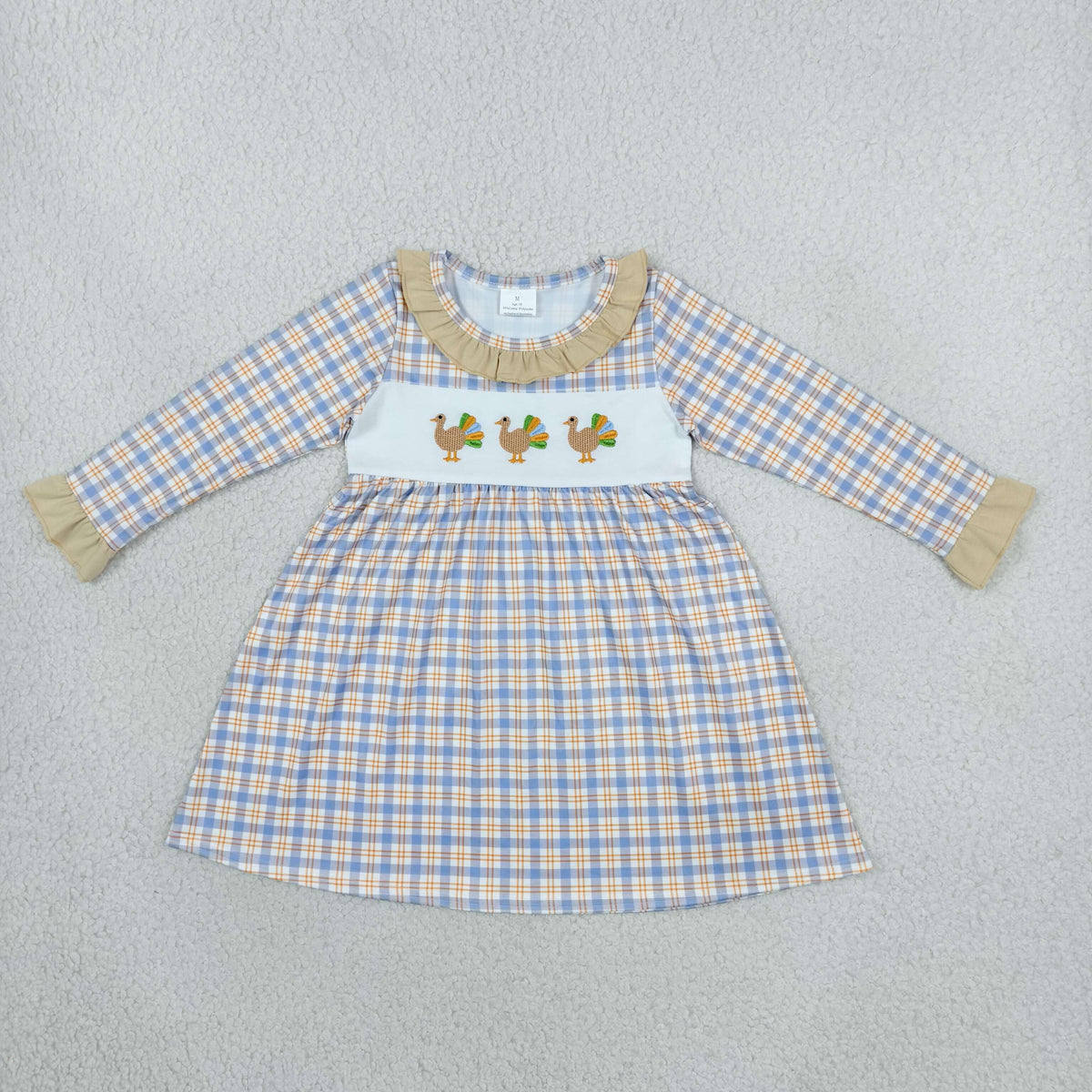 Embroidery GLD1667 Turkey Blue Checkered Long Sleeve Girls Dress