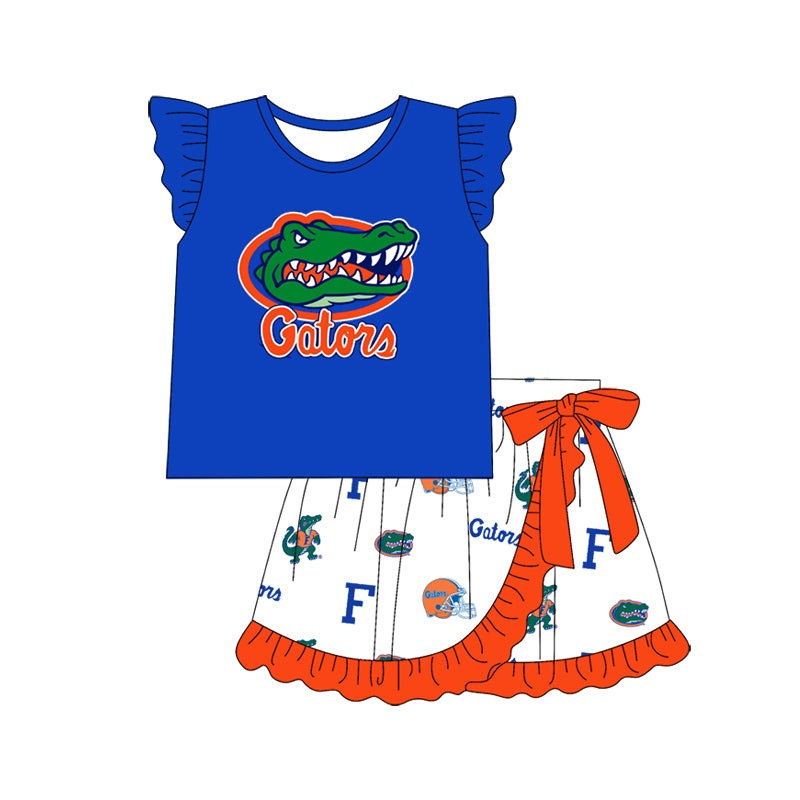 Cutom Moq 3 Football Team Gators Blue Flutter Sleeve Skirt Bow Girls Set
