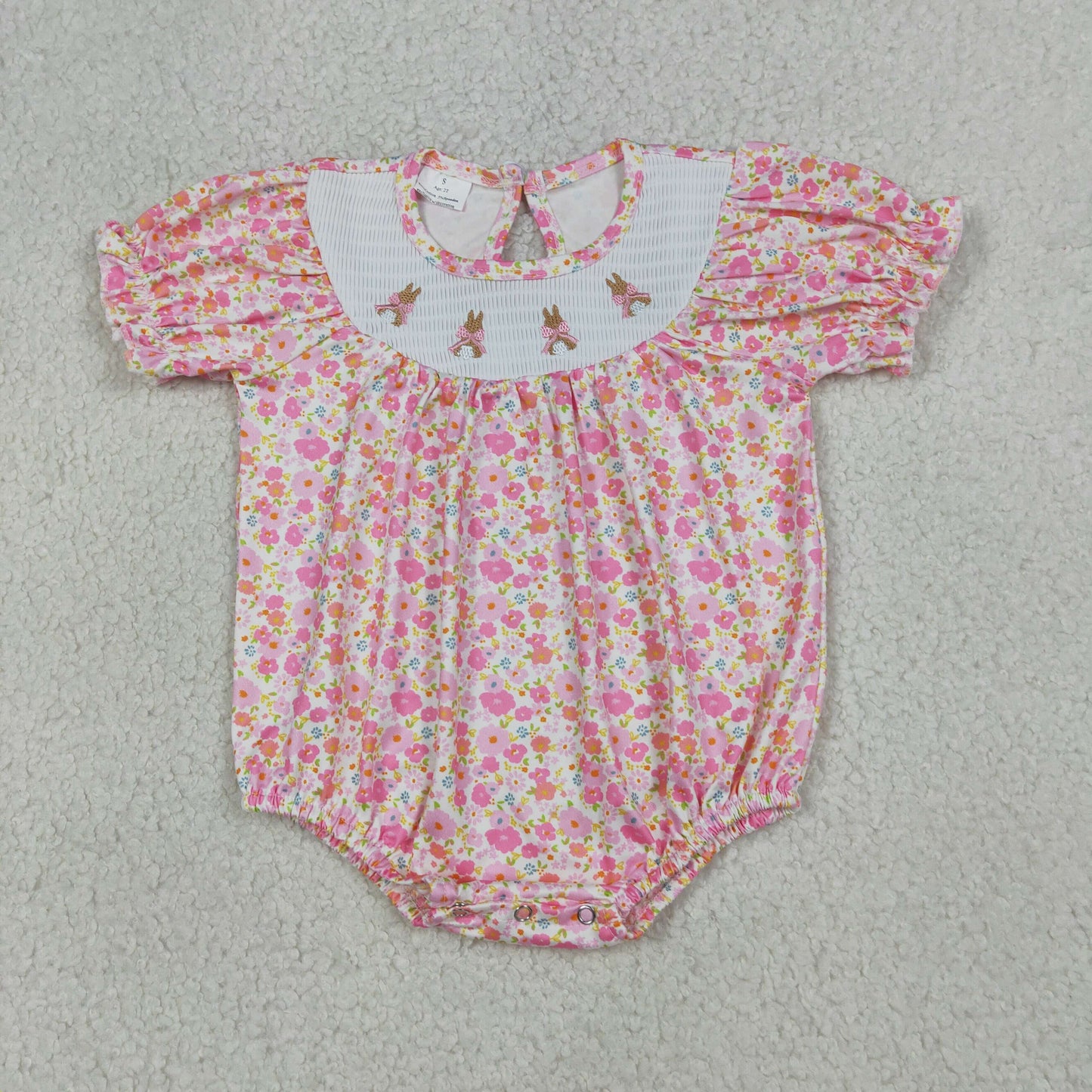 Smocked Embroidery SR3785 Easter Bunny Rabbit Pink Flowers Short Sleeve Girls Romper