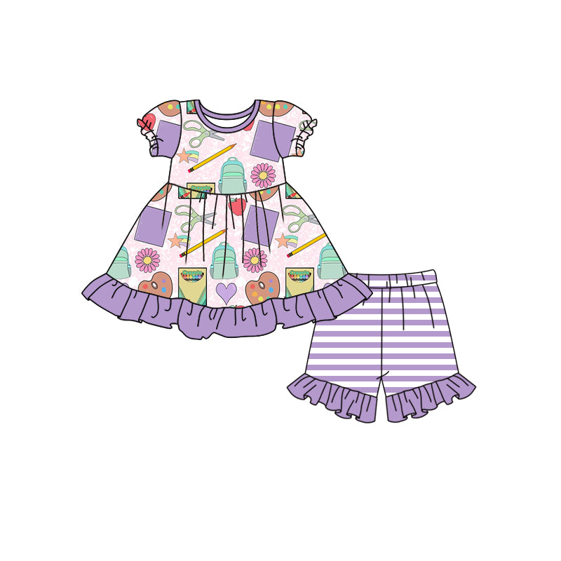 preorder Back To School Book Pen Bag Purple Short Sleeves Girls Summer Set