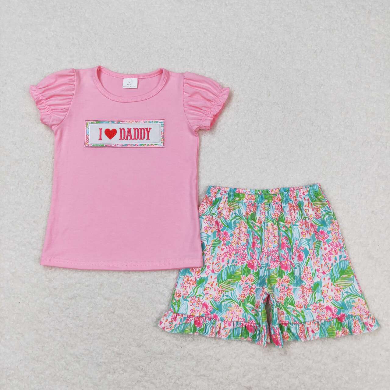 GSSO0658 embroidery I love daddy pink short sleeve colorful flowers shorts girls set