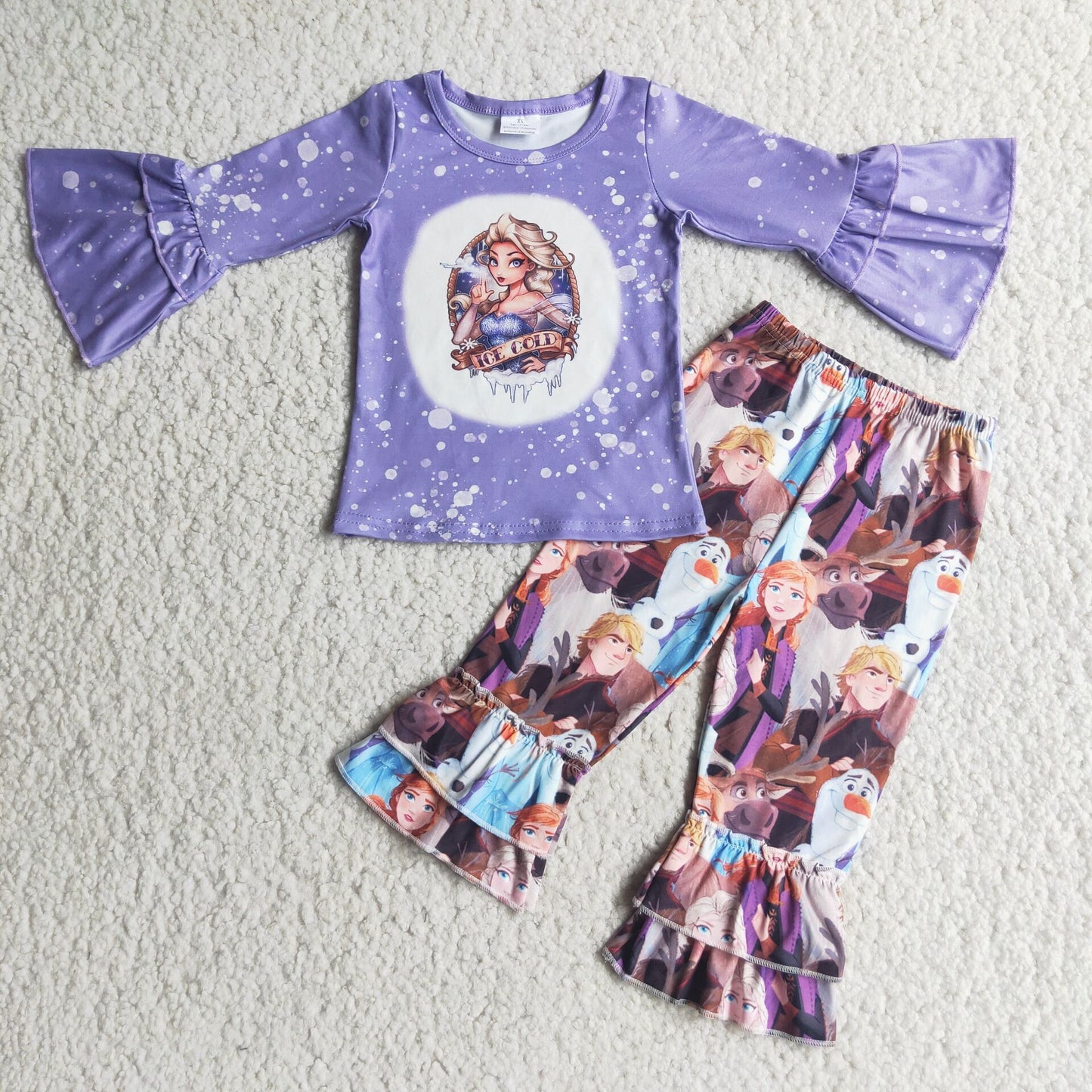 6 C9-38 Purple Ruffles Long Sleeve Cartoon Match Adorable Print Pants Kids Clothing
