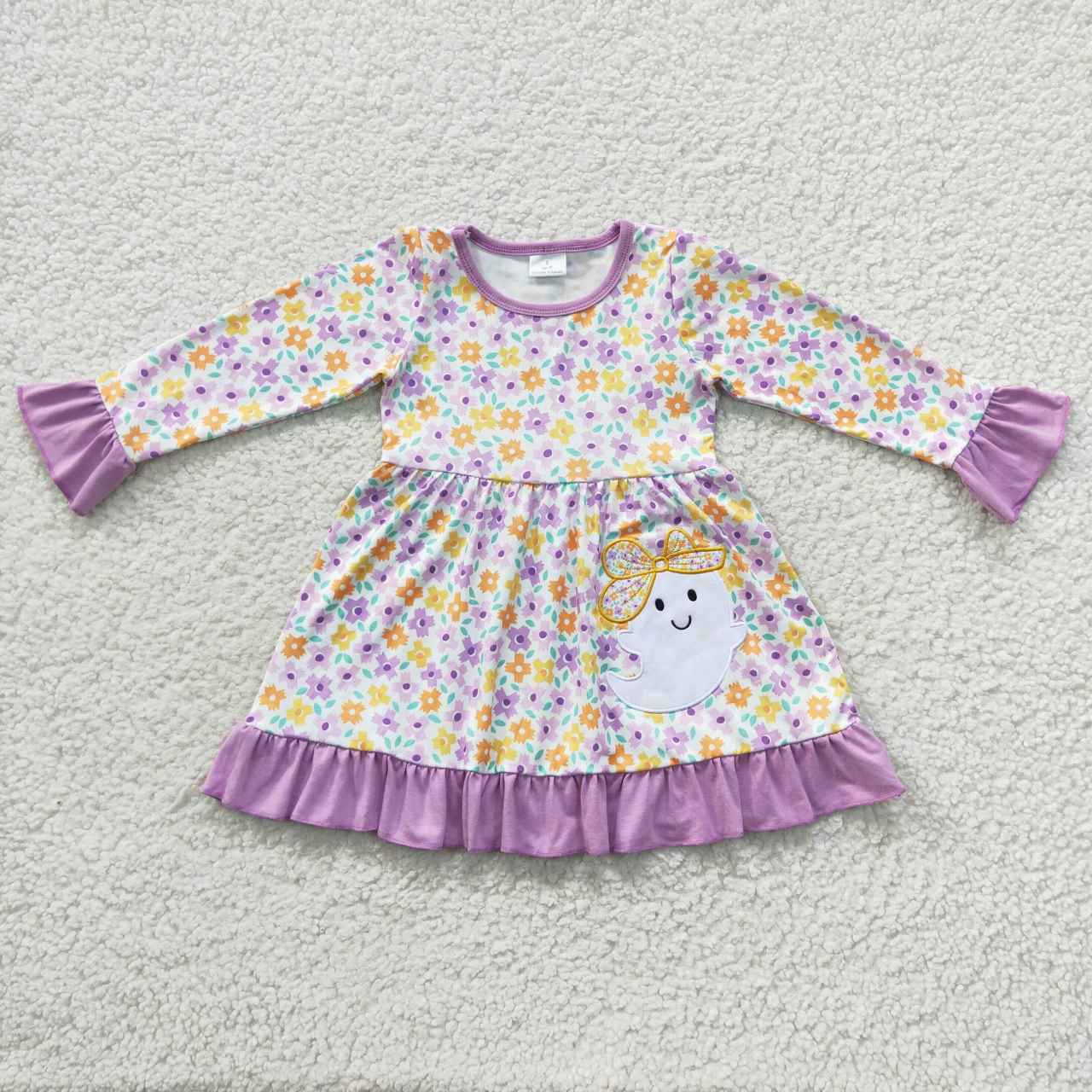 GLD0220 Halloween Spook Colorful Flowers Purple Long Sleeves Girls Dress