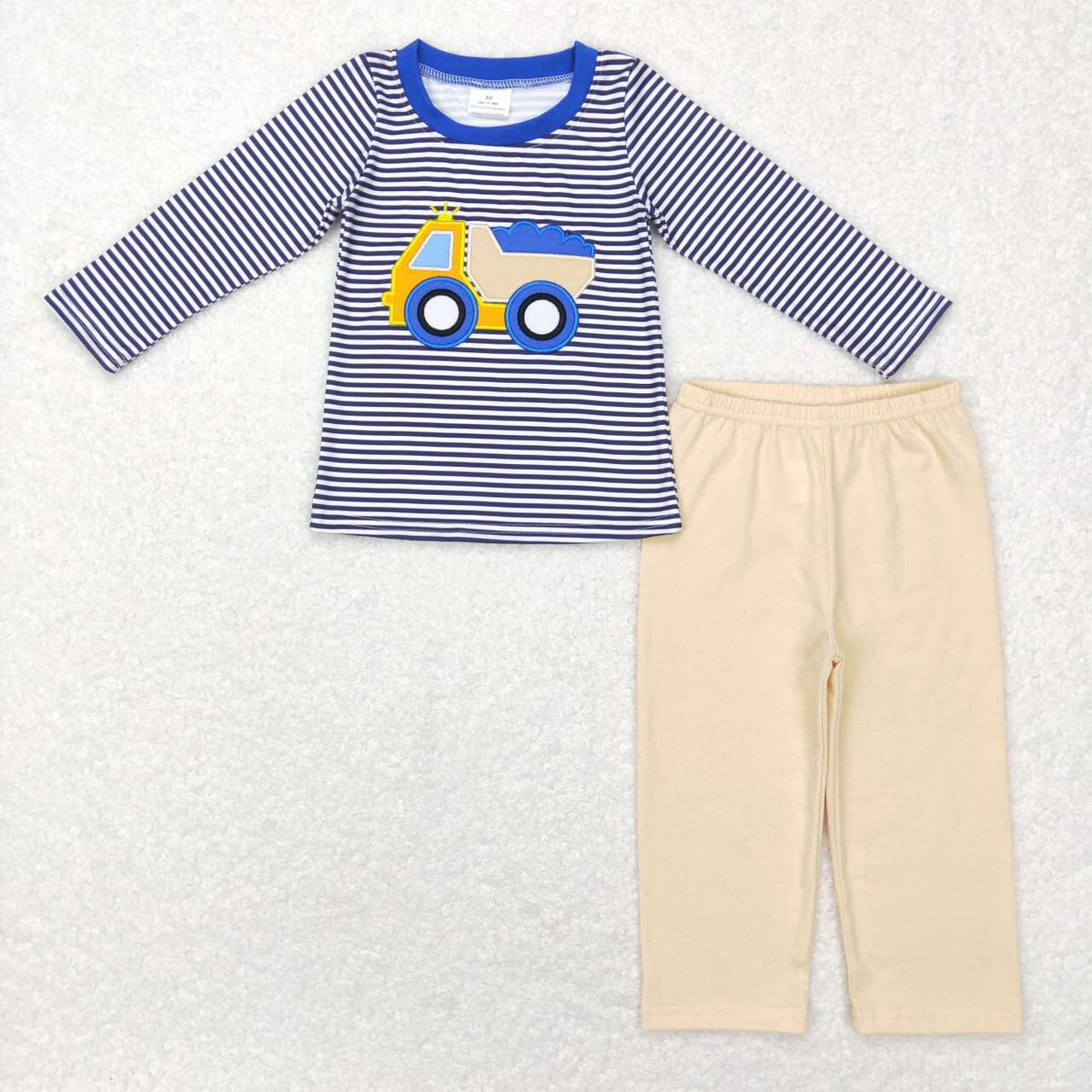 BLP0400 Construction truck car tipper blue striped long sleeve khaki pants boys set