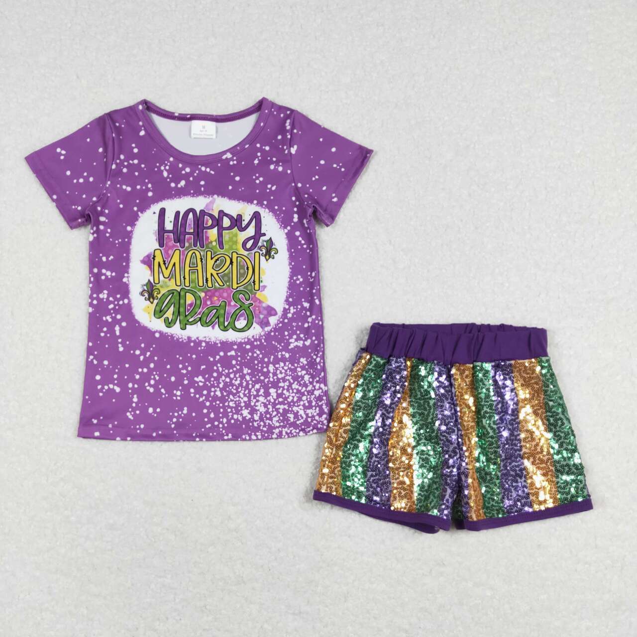 GSSO0528 Happy Mardi Gras Purple Short Sleeve Sequin Shorts Girls Set