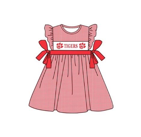 custom style TIGER red checkered flutter sleeve girls bows dress
