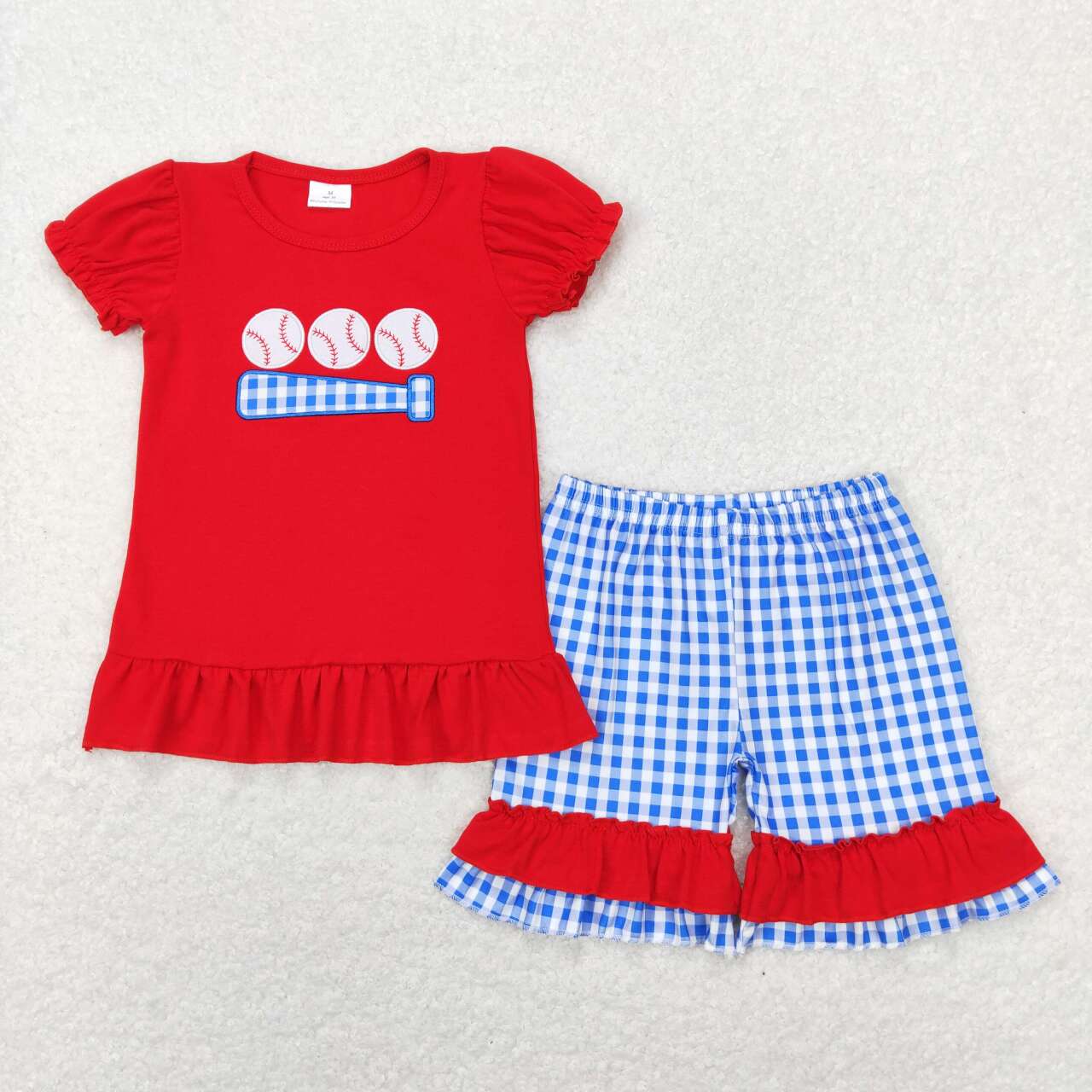 GSSO0428 Play baseball red short sleeve blue checkered shorts girls set