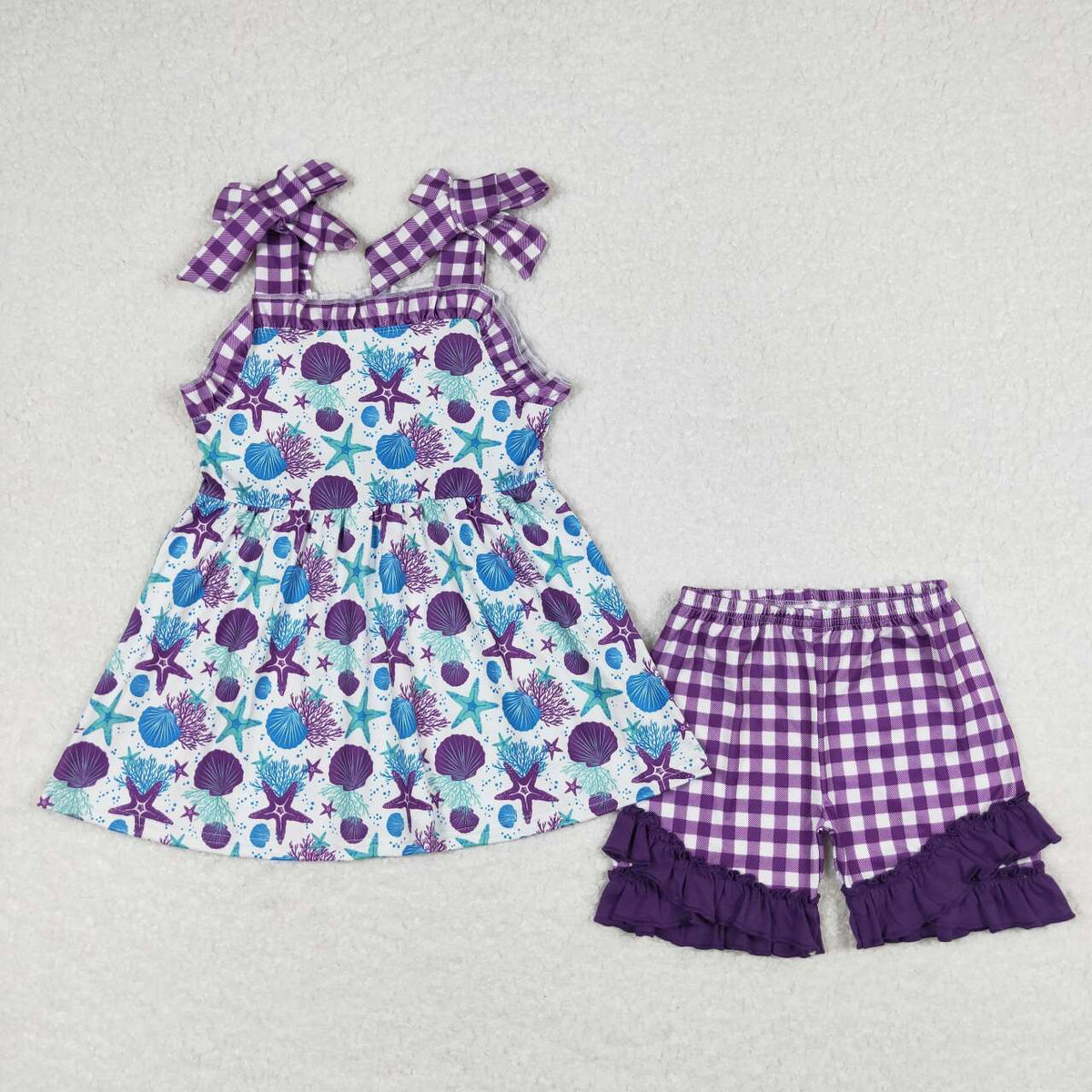 GSSO0727 purple blue starfish shell sleeveless purple checkered shorts girls set