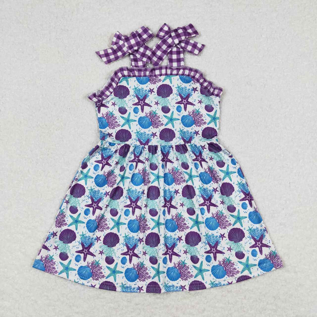GSD0913 Purple blue starfish shell checkered girls dress