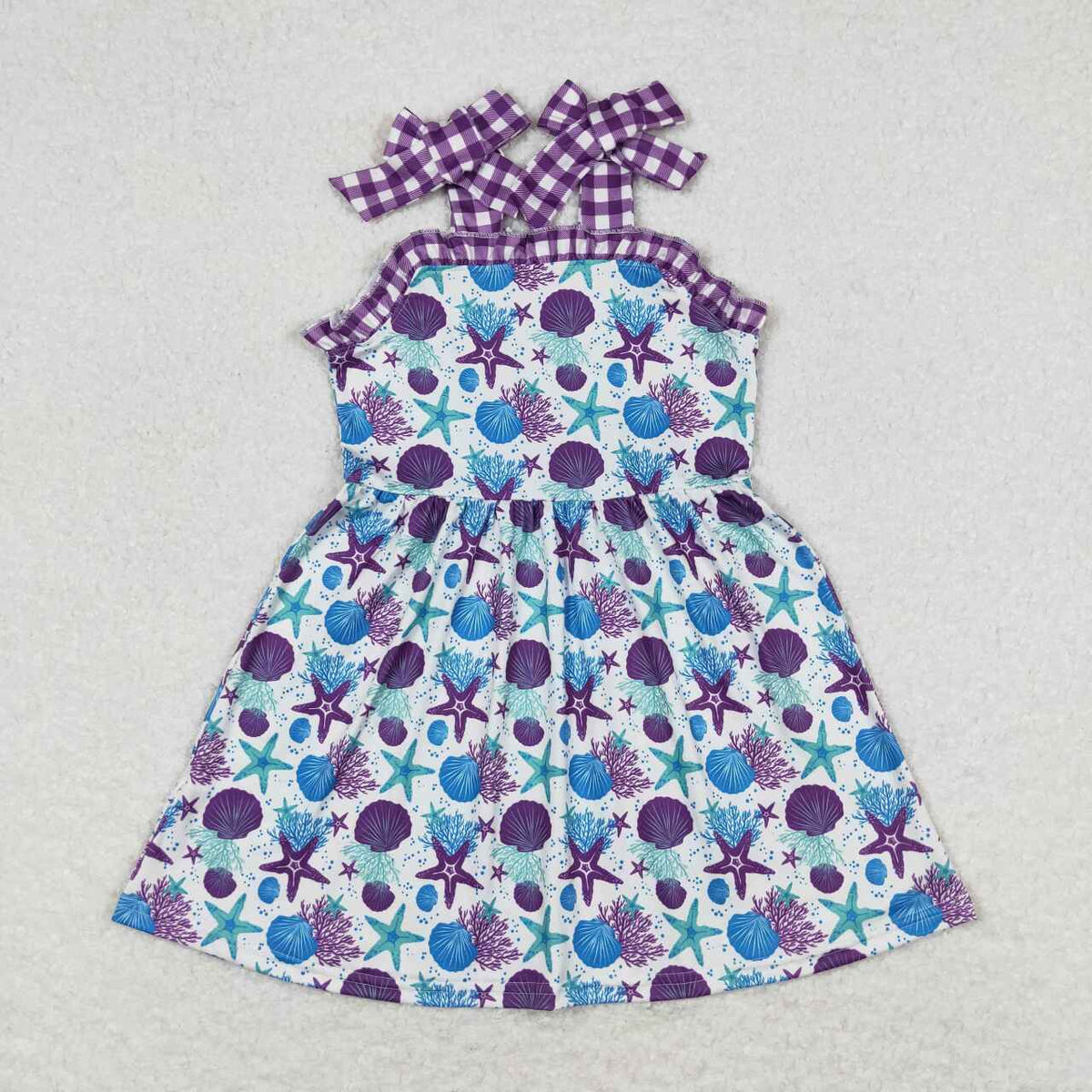 GSD0913 Purple blue starfish shell checkered girls dress