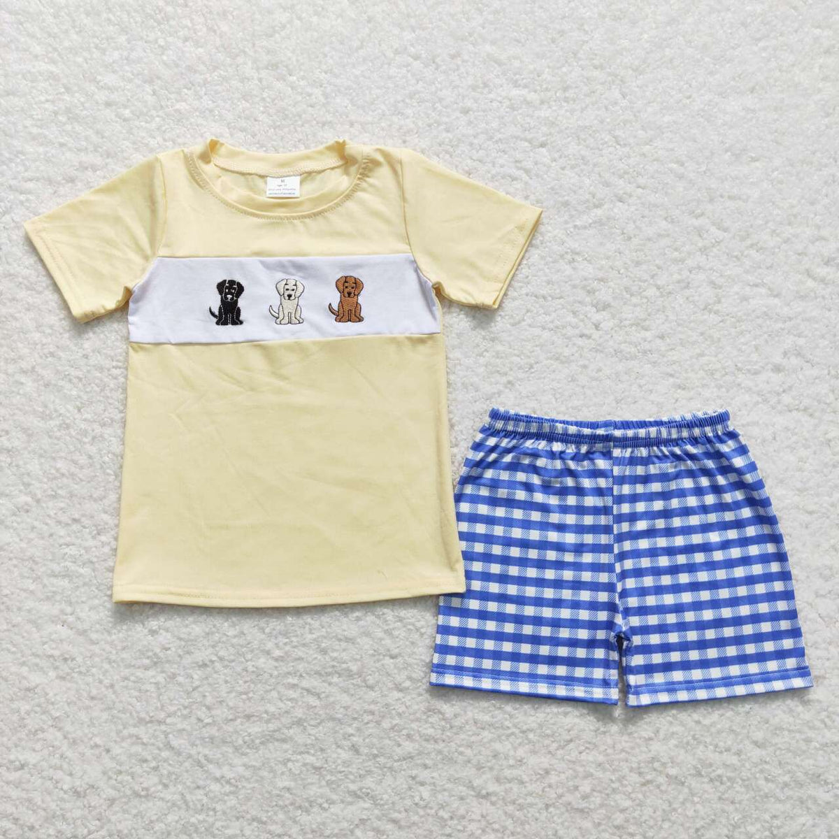 BSSO0598 embroidery Dogs Yellow Short Sleeve Blue Checkered Shorts Boys Summer Set