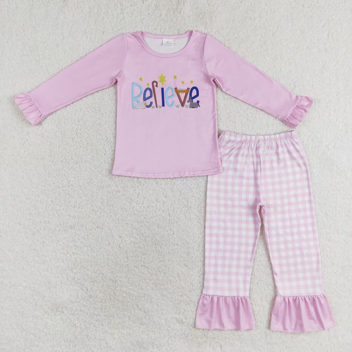 GLP1300 believe pink long sleeve pink checkered pants girls set