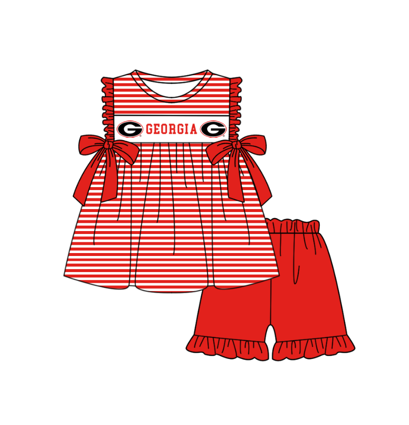 Custom Moq 3 Football Item Georgia Red Bows Short Sleeve Girls Set