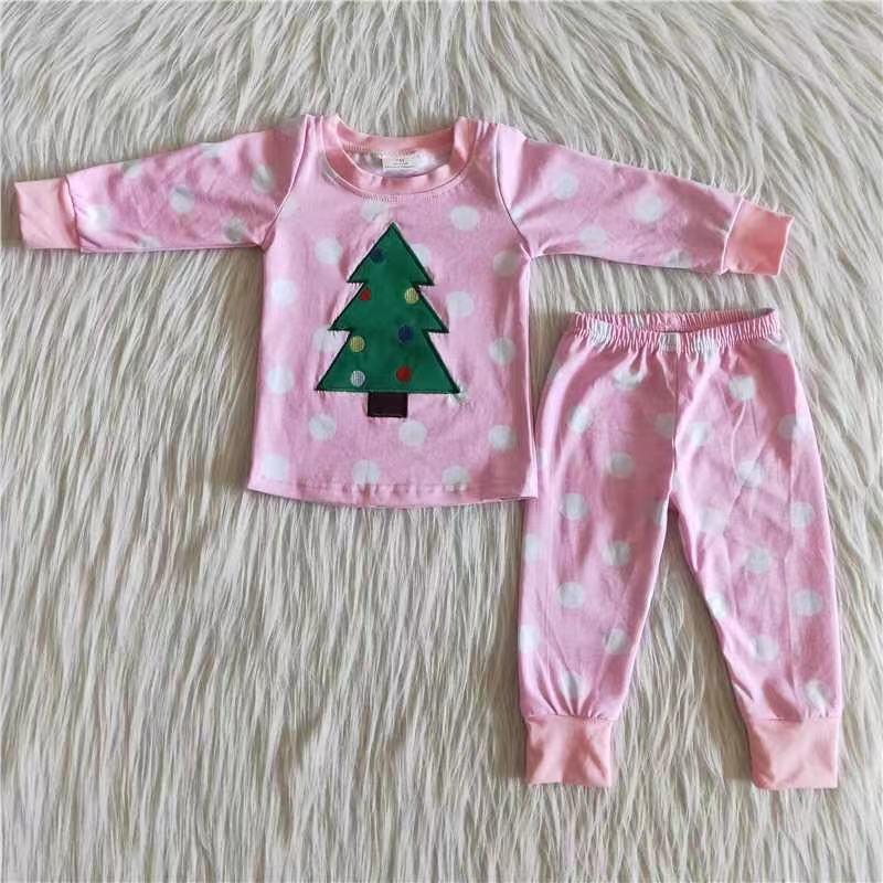 6 B12-37 Pink Popular Dots Print Christmas Tree Embroidery Baby Girls Pajamas