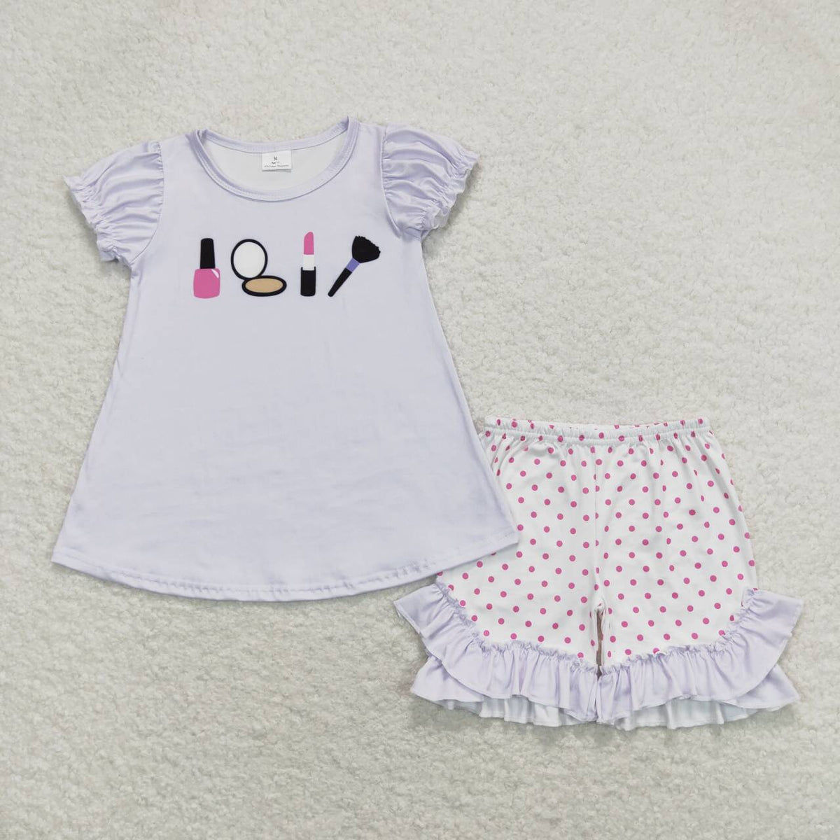 GSSO0862 Lipstick mirror short sleeve pink dot ruffles shorts girls set