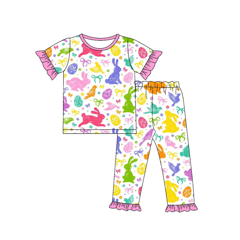custom moq 5 Easter bunny rabbit bows egg hot pink short sleeve pants girls pajamas