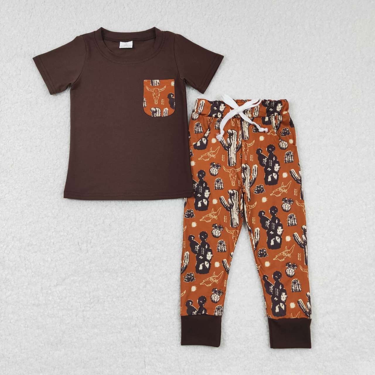 BSPO0165 Western cow cactus brown short sleeve pants boys set