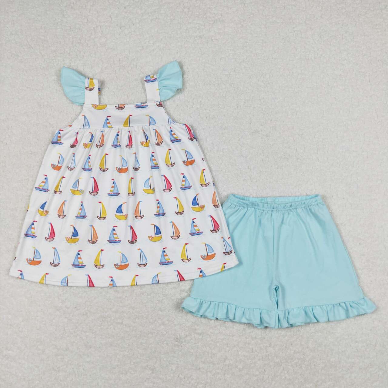 GSSO0645 colorful sailboat flutter sleeve blue shorts girls set