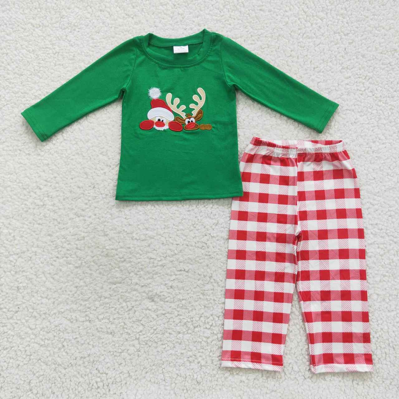 BLP0203 Christmas Deer Green Long Sleeves Red Striped Print Boys Clothes