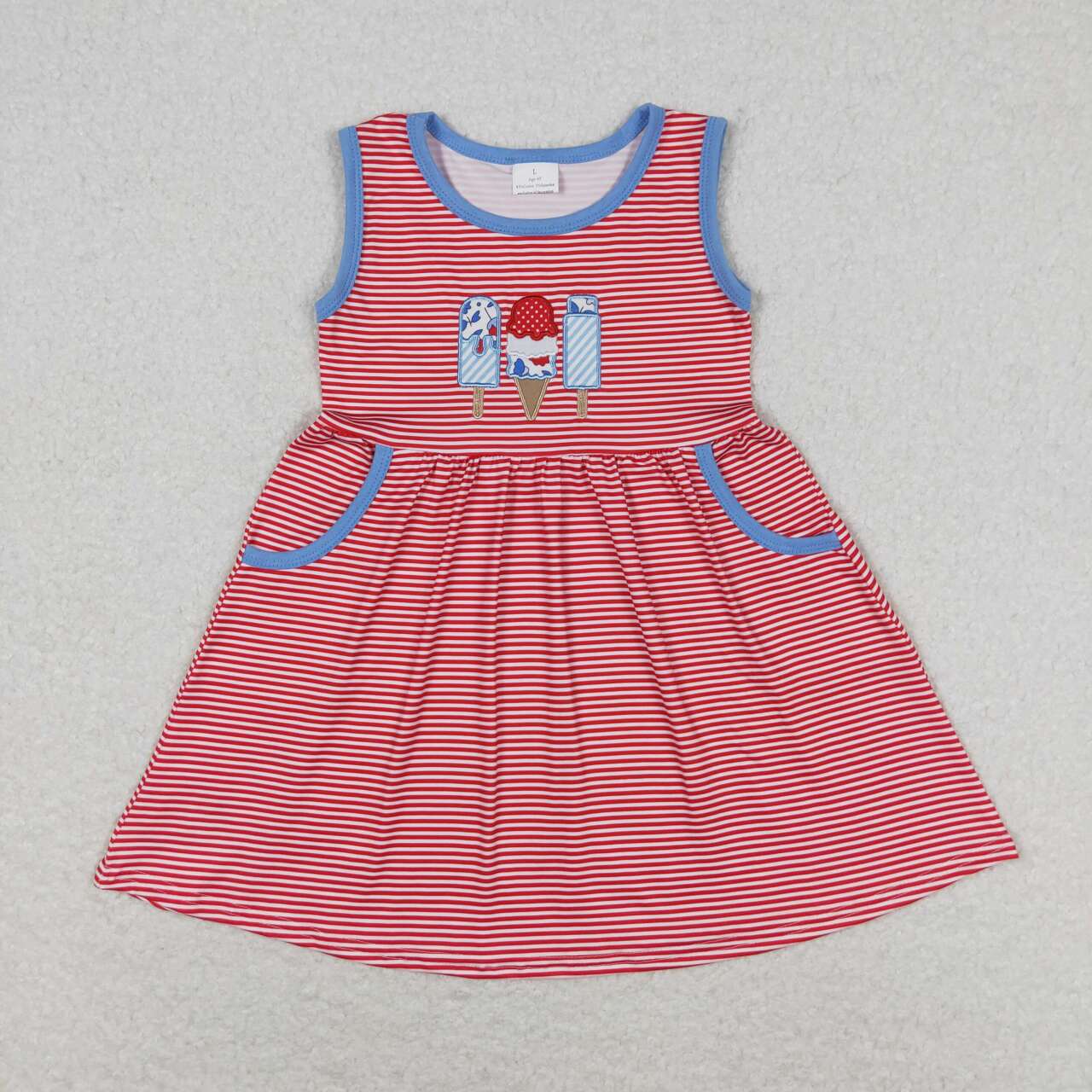 GSD0821 embroidery July 4th Ice Red Striped Sleeveless Girls Dress