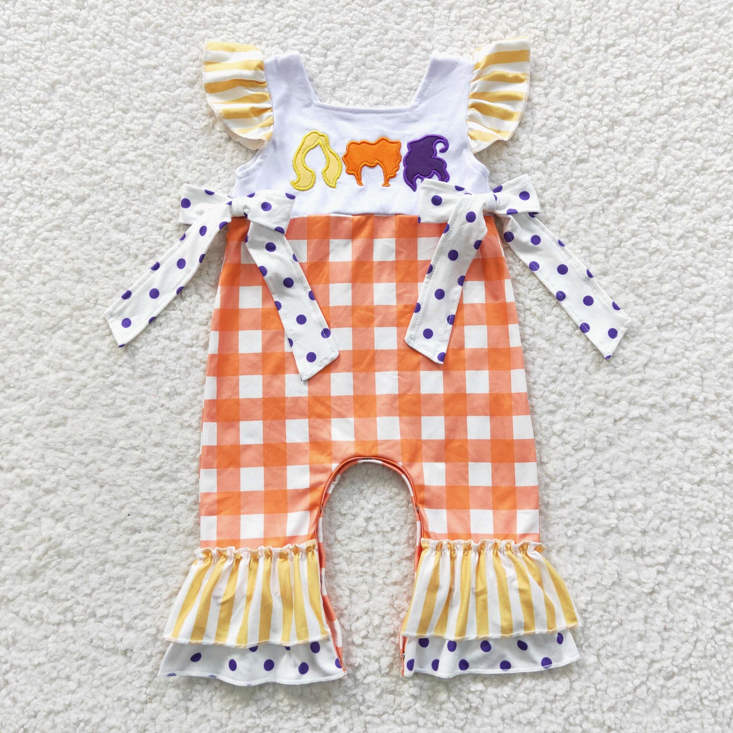 SR0383 Halloween Embroidery Sorceress Flutter Sleeve Orange Kids Romper