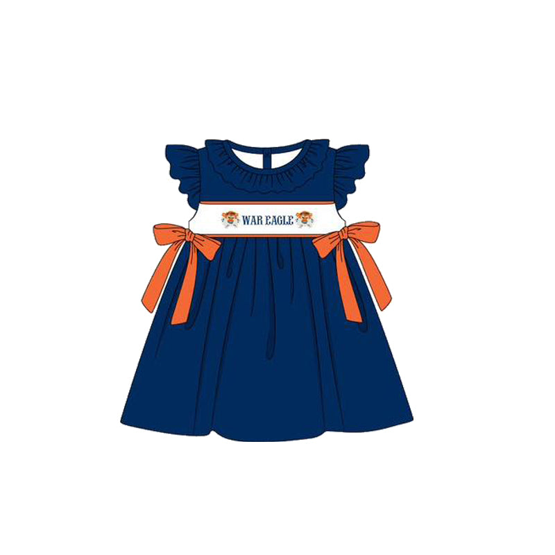 Custom Moq 3 Football Team War Eagle Navy Blue Flutter Sleeve Bows Girls Dress
