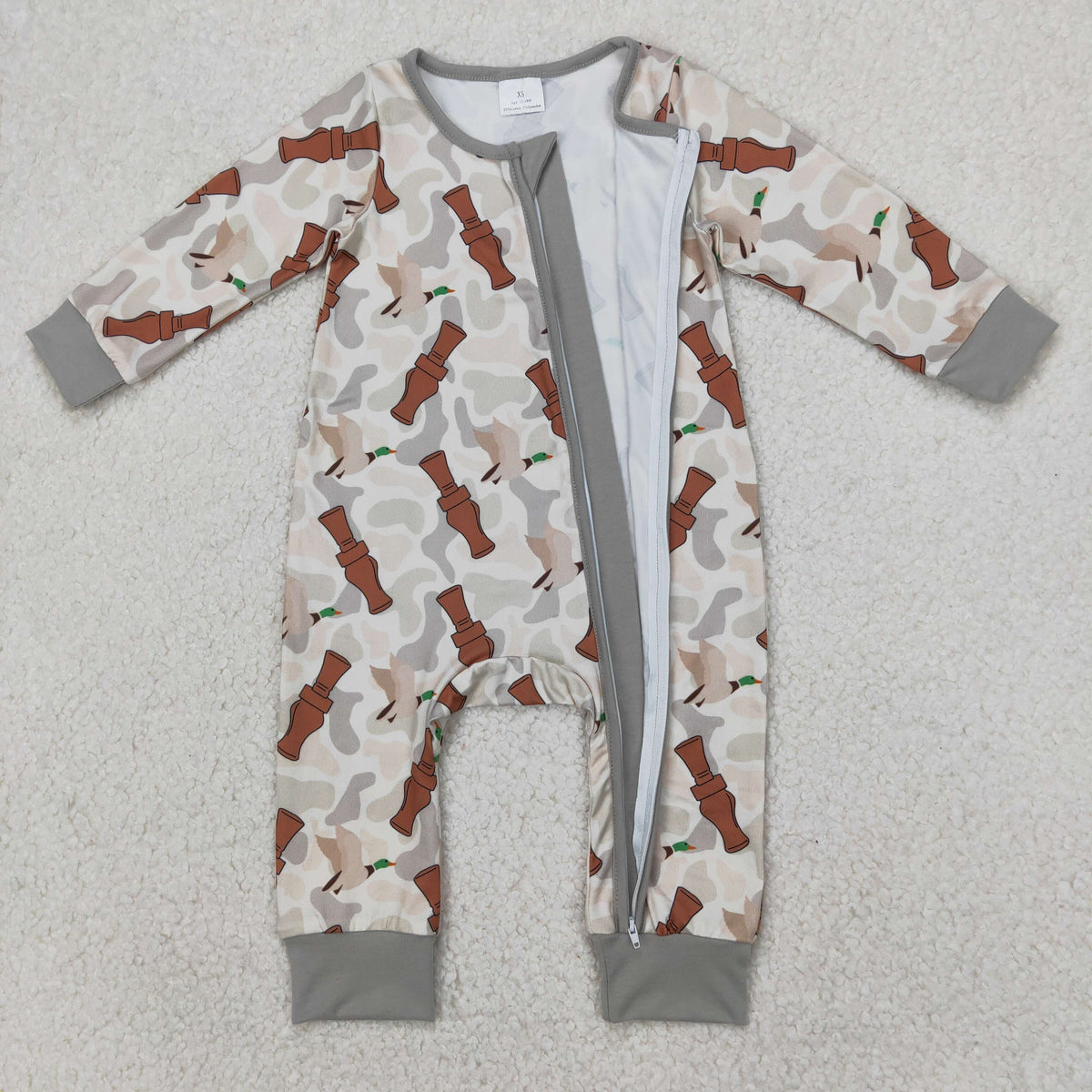 LR2063 duck call mallard camo long sleeve zipper boys romper