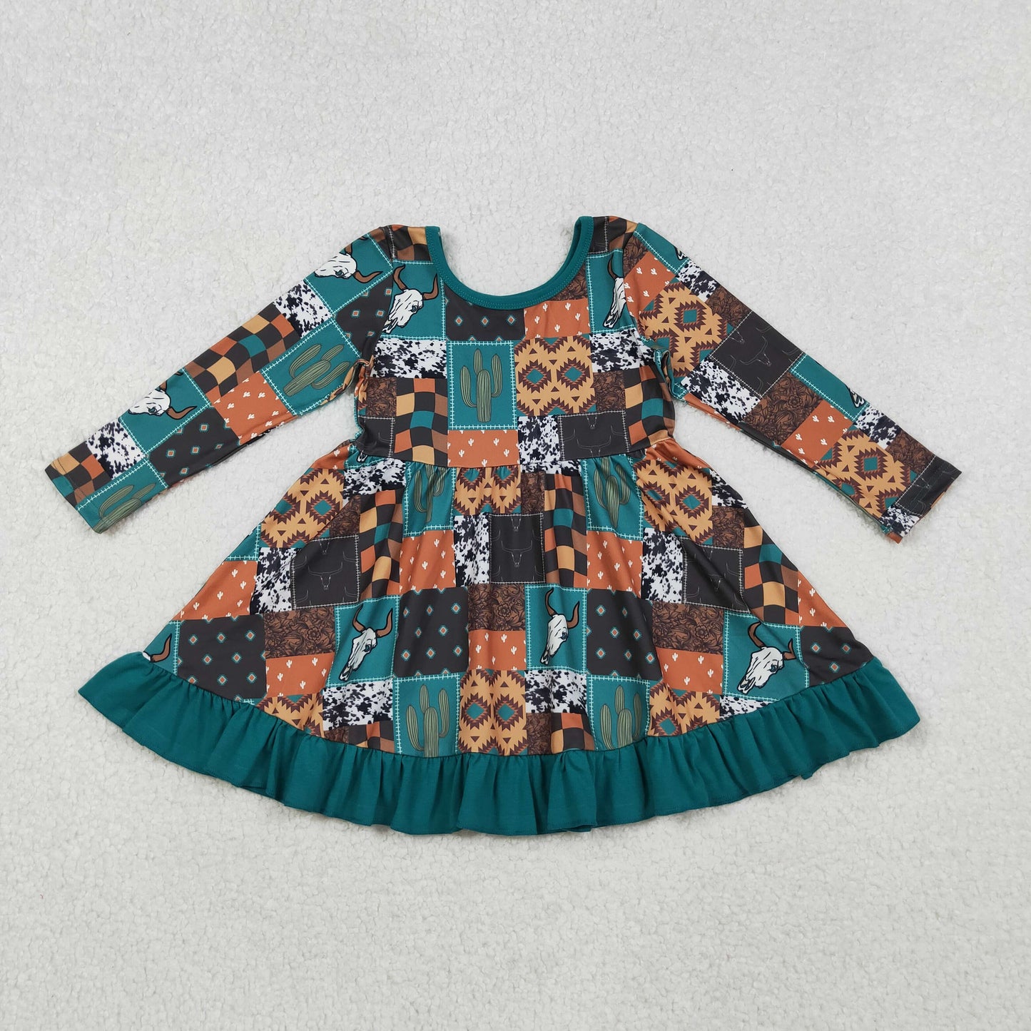 GLD0837 Western cactus howdy cow checkered long sleeve girls dress