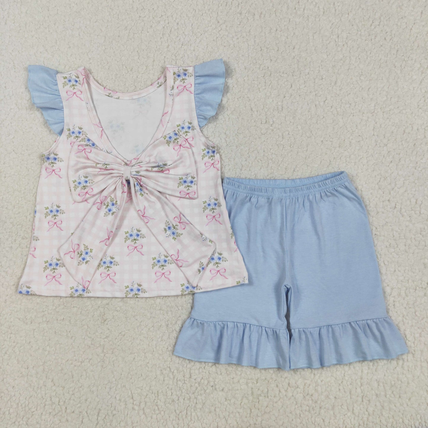 GSSO1577 blue flowers bows flutter sleeve blue shorts girls set