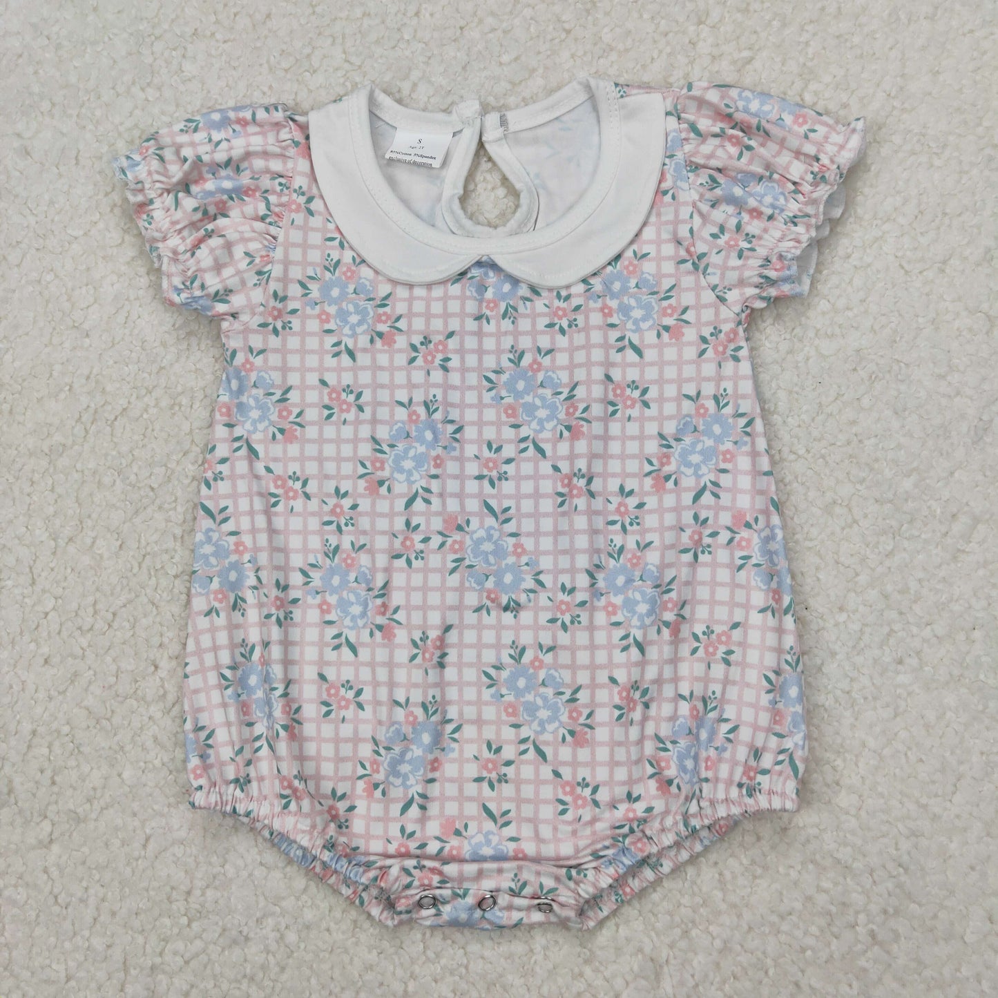 SR2878 blue flowers pink checkered short sleeve girls romper