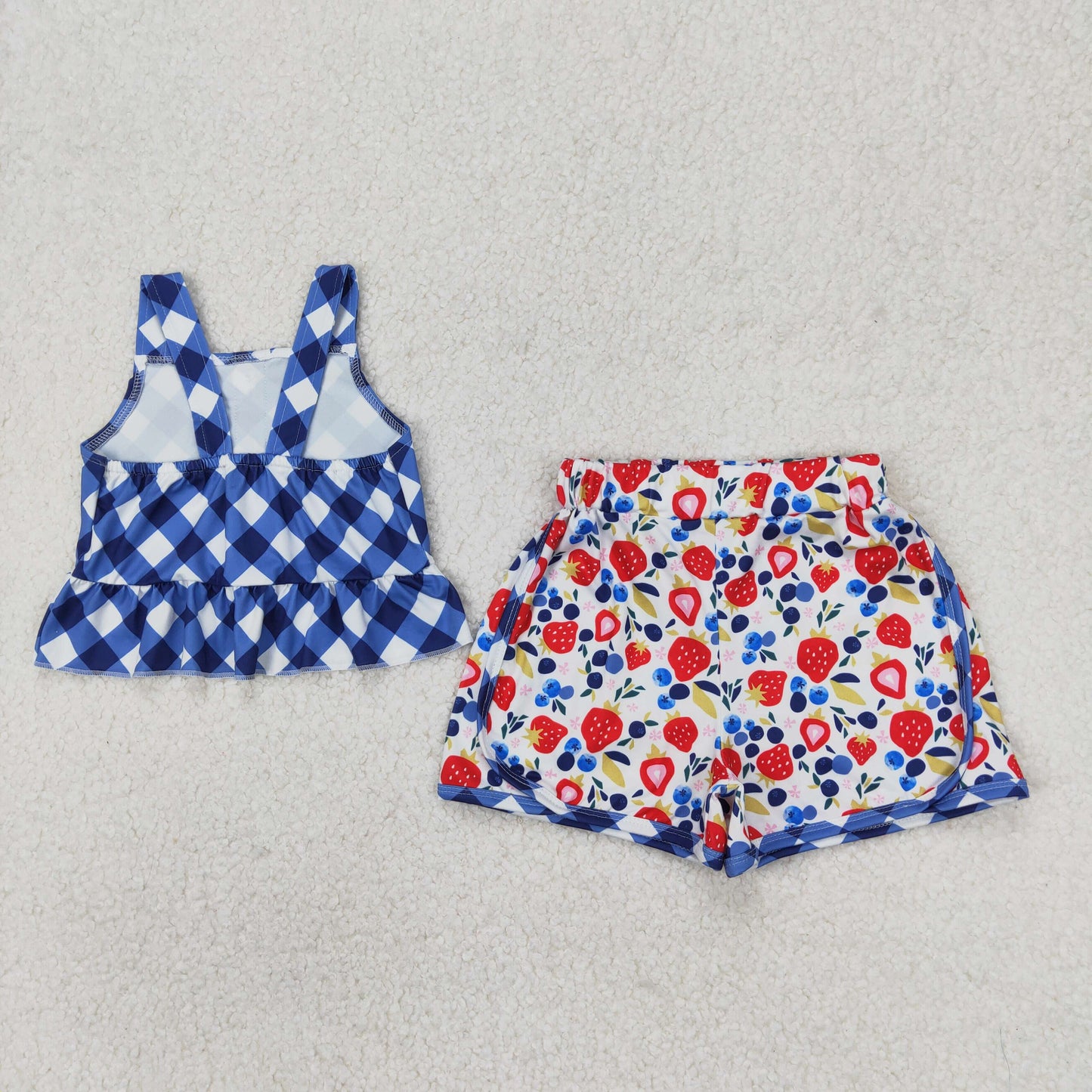 GSSO2025 navy blue checkered camisole top strawberry blueberry shorts girls set