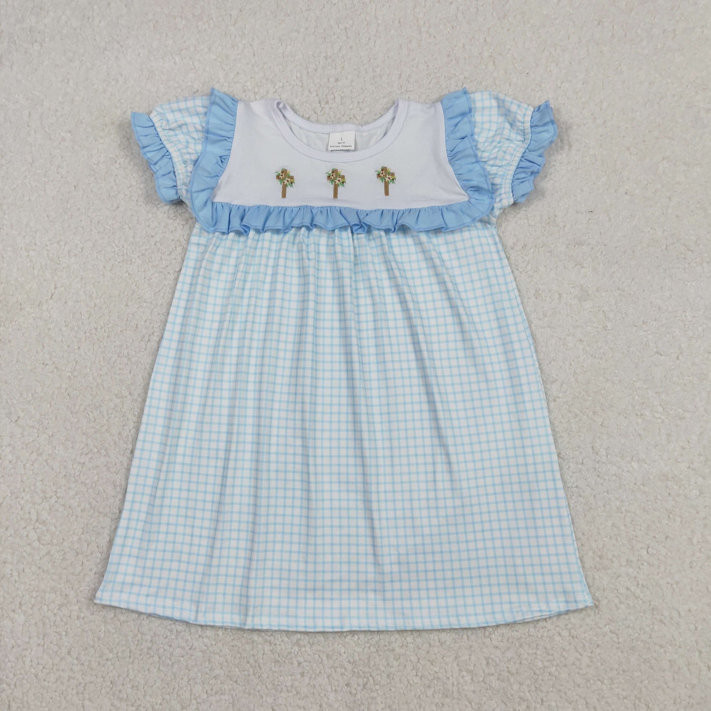 Embroidery GSD2851 Easter flowers cross blue checkered short sleeve girls dress