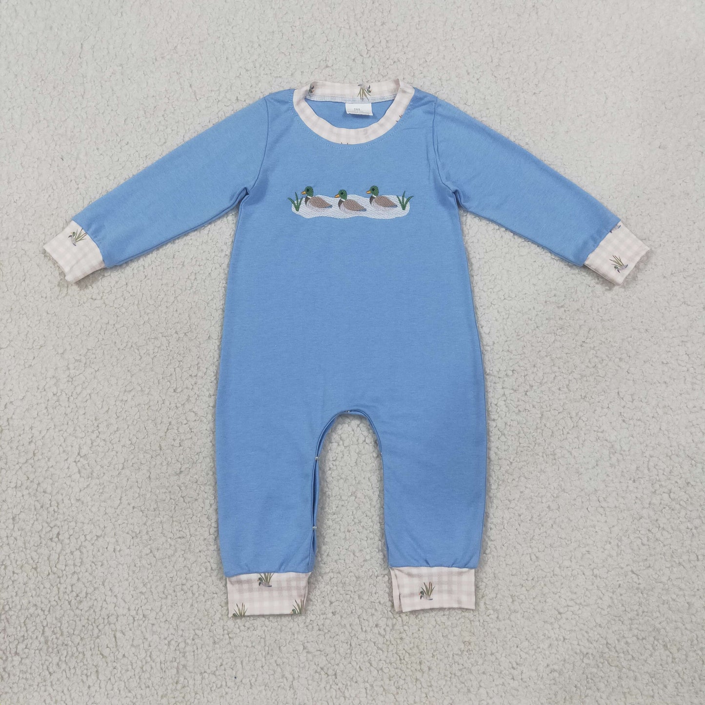 Embroidery LR3007 Hunting Mallard Duck Blue Long Sleeve Boys Romper