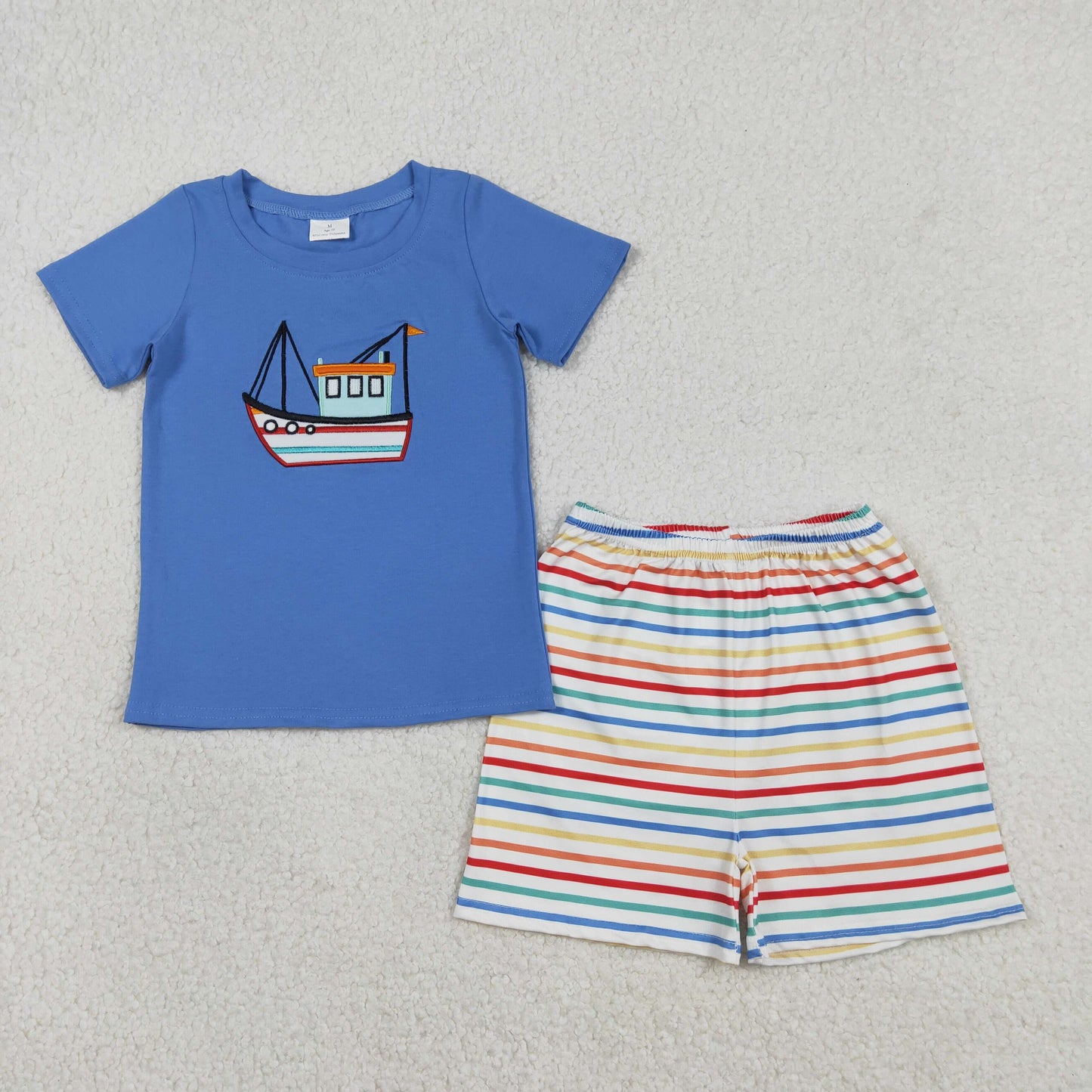 Embroidery BSSO1754 Boat Blue Short Sleeve Colorful Striped Shorts Boys Set