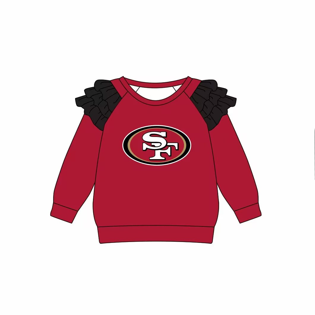 custom moq 3 football team SF red long sleeve girls ruffles top